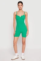 Womens Ribbed Knit Notch Neck Cami Romper, Green,