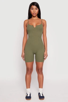 Womens Ribbed Knit Notch Neck Cami Romper,