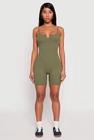 Womens Ribbed Knit Notch Neck Cami Romper,
