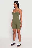Womens Ribbed Knit Notch Neck Cami Romper,