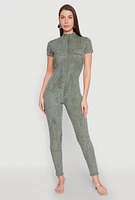Womens Mineral Wash Half Zip Jumpsuit, Green, Size L
