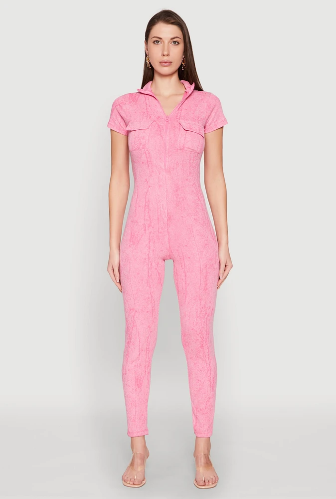 Womens Mineral Wash Half Zip Jumpsuit, Pink, Size M