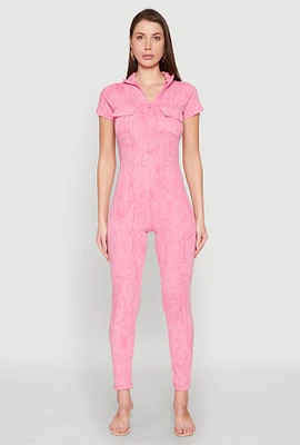 Womens Mineral Wash Half Zip Jumpsuit, Pink, Size M
