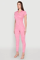 Womens Mineral Wash Half Zip Jumpsuit, Pink, Size M