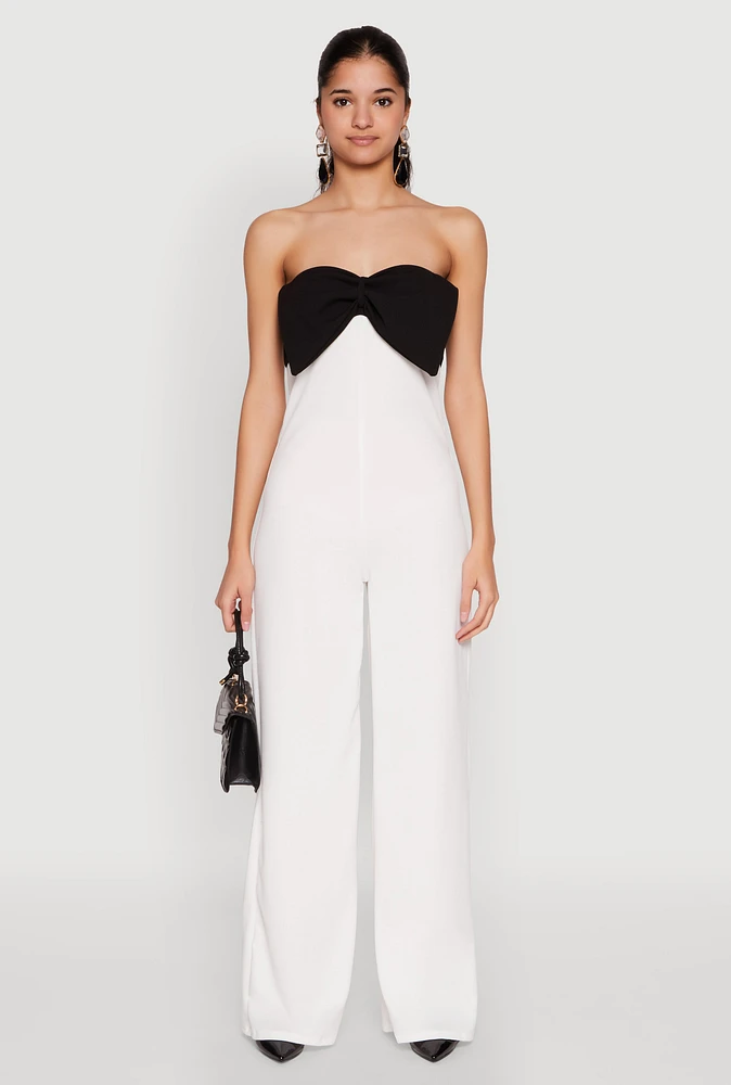 Womens Color Block Bow Strapless Jumpsuit, White,