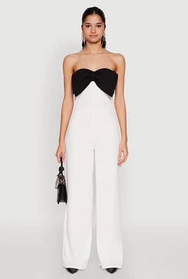 Womens Color Block Bow Strapless Jumpsuit, White,