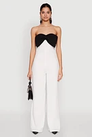 Womens Color Block Bow Strapless Jumpsuit, White,