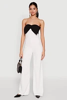 Womens Color Block Bow Strapless Jumpsuit, White,