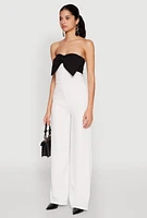 Womens Color Block Bow Strapless Jumpsuit, White,