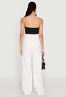 Womens Color Block Bow Strapless Jumpsuit, White,
