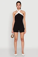 Womens Contrast Trim Halter Neck Romper, Black, Size S