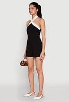 Womens Contrast Trim Halter Neck Romper, Black, Size S
