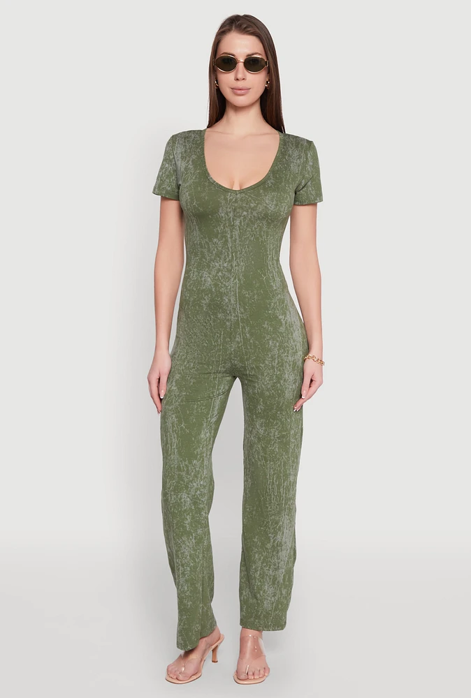 Womens Mineral Wash Short Sleeve Jumpsuit, Green,