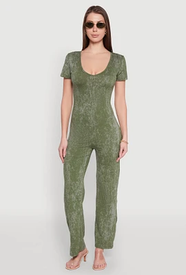 Womens Mineral Wash Short Sleeve Jumpsuit, Green,