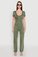 Womens Mineral Wash Short Sleeve Jumpsuit, Green,