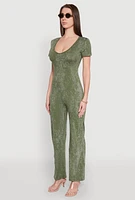 Womens Mineral Wash Short Sleeve Jumpsuit, Green,