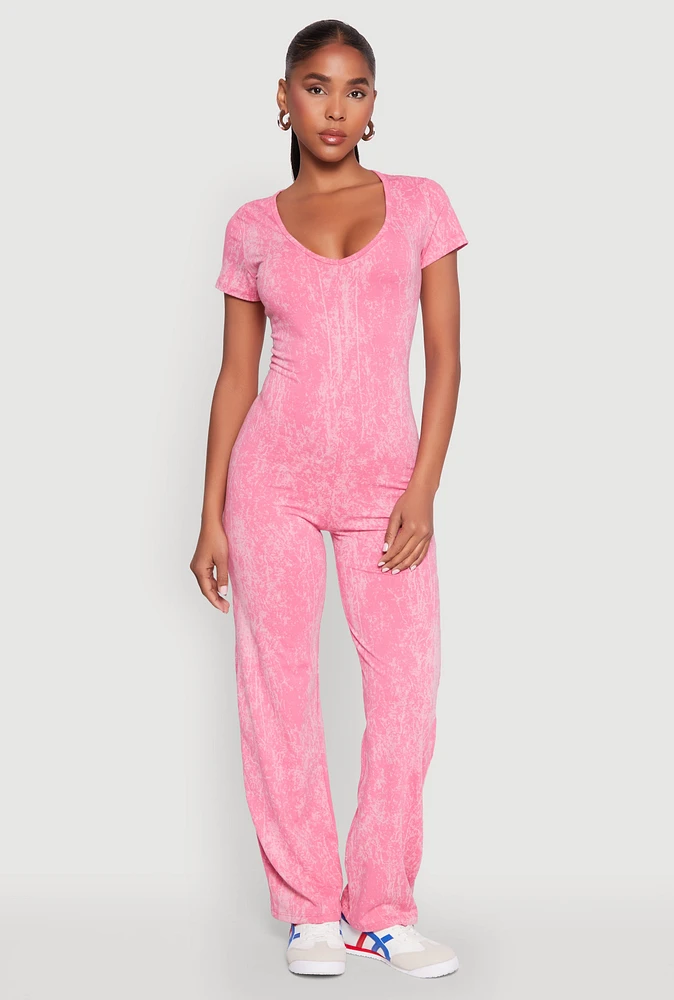 Womens Mineral Wash Short Sleeve Jumpsuit, Pink, Size M