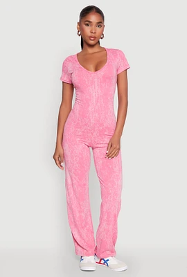 Womens Mineral Wash Short Sleeve Jumpsuit, Pink, Size M