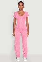 Womens Mineral Wash Short Sleeve Jumpsuit, Pink, Size M
