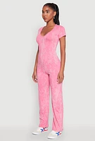 Womens Mineral Wash Short Sleeve Jumpsuit, Pink, Size M
