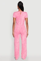 Womens Mineral Wash Short Sleeve Jumpsuit, Pink, Size M