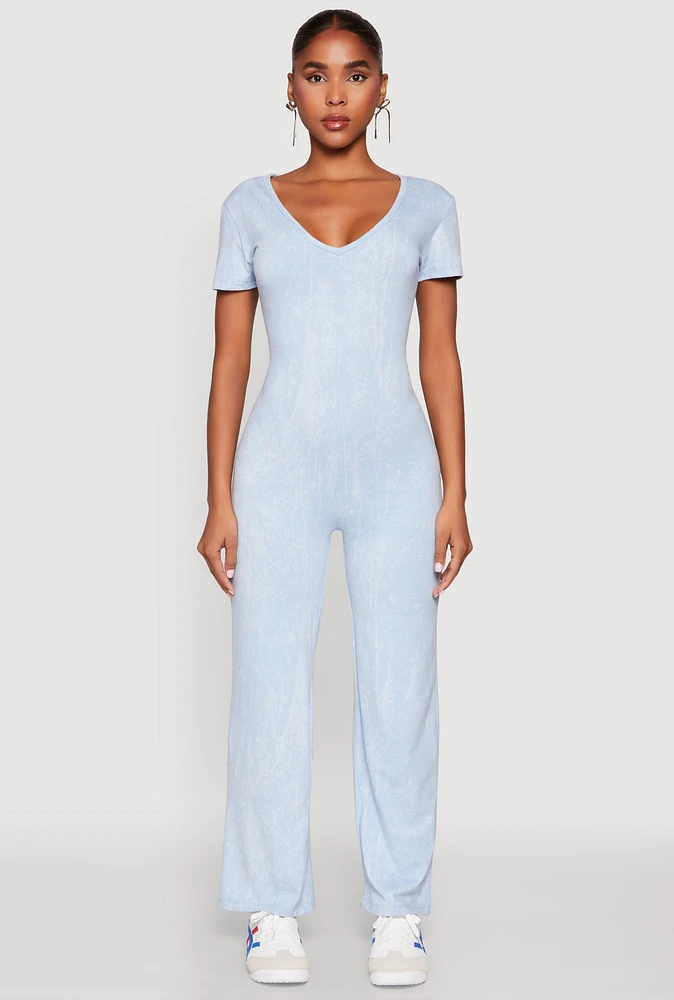 Womens Mineral Wash Short Sleeve Jumpsuit, Blue, Size L