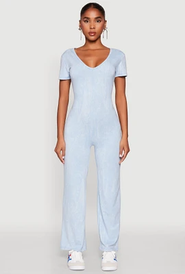 Womens Mineral Wash Short Sleeve Jumpsuit, Blue, Size L