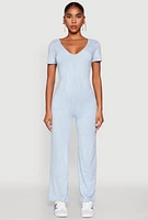 Womens Mineral Wash Short Sleeve Jumpsuit, Blue, Size L