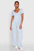 Womens Mineral Wash Short Sleeve Jumpsuit, Blue, Size L