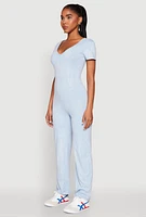 Womens Mineral Wash Short Sleeve Jumpsuit, Blue, Size L