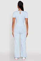 Womens Mineral Wash Short Sleeve Jumpsuit, Blue, Size L