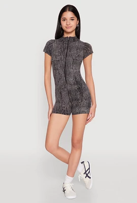 Womens Mineral Wash Zip Front Romper, Grey, Size S