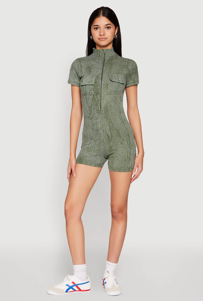 Womens Mineral Wash Zip Front Romper, Green, Size M