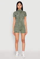 Womens Mineral Wash Zip Front Romper, Green, Size M