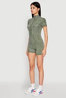 Womens Mineral Wash Zip Front Romper, Green, Size M