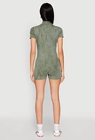 Womens Mineral Wash Zip Front Romper, Green, Size M
