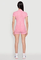 Womens Mineral Wash Zip Front Romper, Pink, Size S
