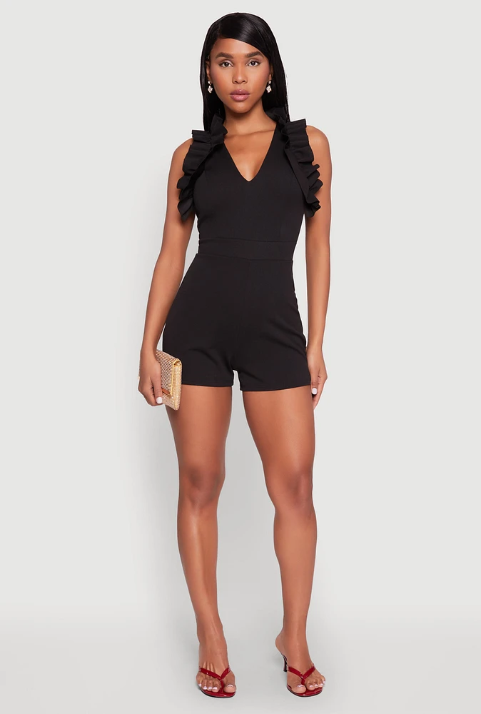 Womens Crepe Knit Ruffle Trim Zip Back Romper, Black, Size XL