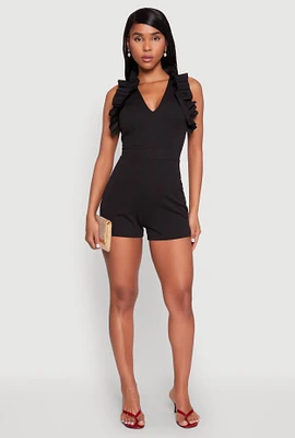 Womens Crepe Knit Ruffle Trim Zip Back Romper, Black, Size XL