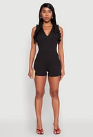 Womens Crepe Knit Ruffle Trim Zip Back Romper, Black, Size XL