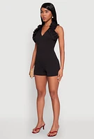 Womens Crepe Knit Ruffle Trim Zip Back Romper, Black, Size XL