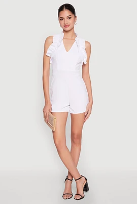 Womens Crepe Knit Ruffle Trim Zip Back Romper, White, Size XL