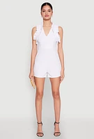 Womens Crepe Knit Ruffle Trim Zip Back Romper, White, Size XL