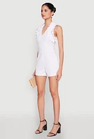 Womens Crepe Knit Ruffle Trim Zip Back Romper, White, Size XL