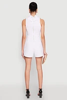 Womens Crepe Knit Ruffle Trim Zip Back Romper, White, Size XL