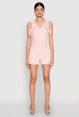 Womens Crepe Knit Ruffle Trim Zip Back Romper, Pink, Size M