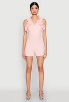 Womens Crepe Knit Ruffle Trim Zip Back Romper, Pink, Size M