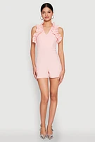 Womens Crepe Knit Ruffle Trim Zip Back Romper, Pink, Size M