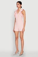 Womens Crepe Knit Ruffle Trim Zip Back Romper, Pink, Size M