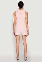 Womens Crepe Knit Ruffle Trim Zip Back Romper, Pink, Size M
